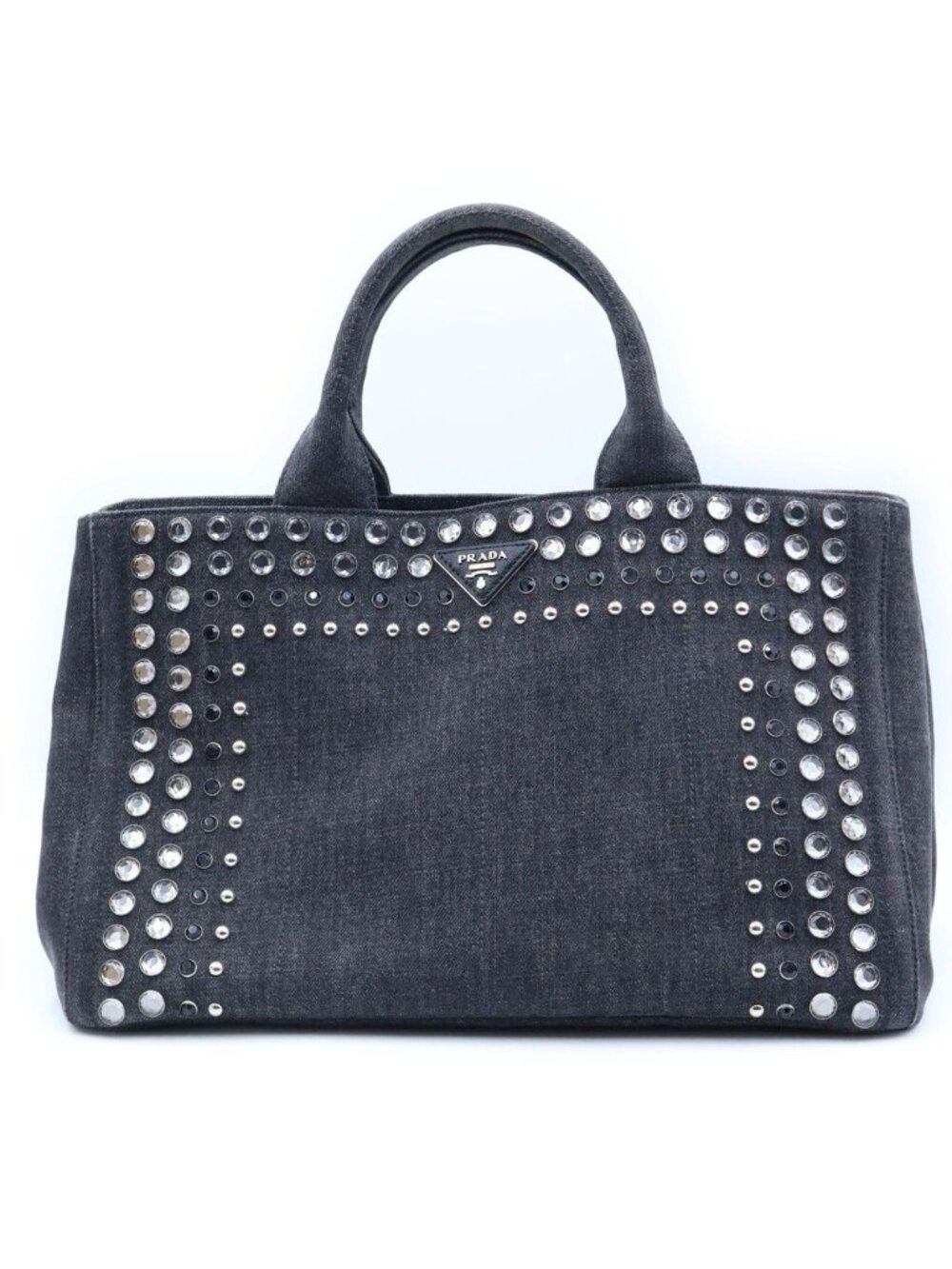 Prada Canapa Rhinestone 2-Way Shoulder Bag Gray Denim Silver
